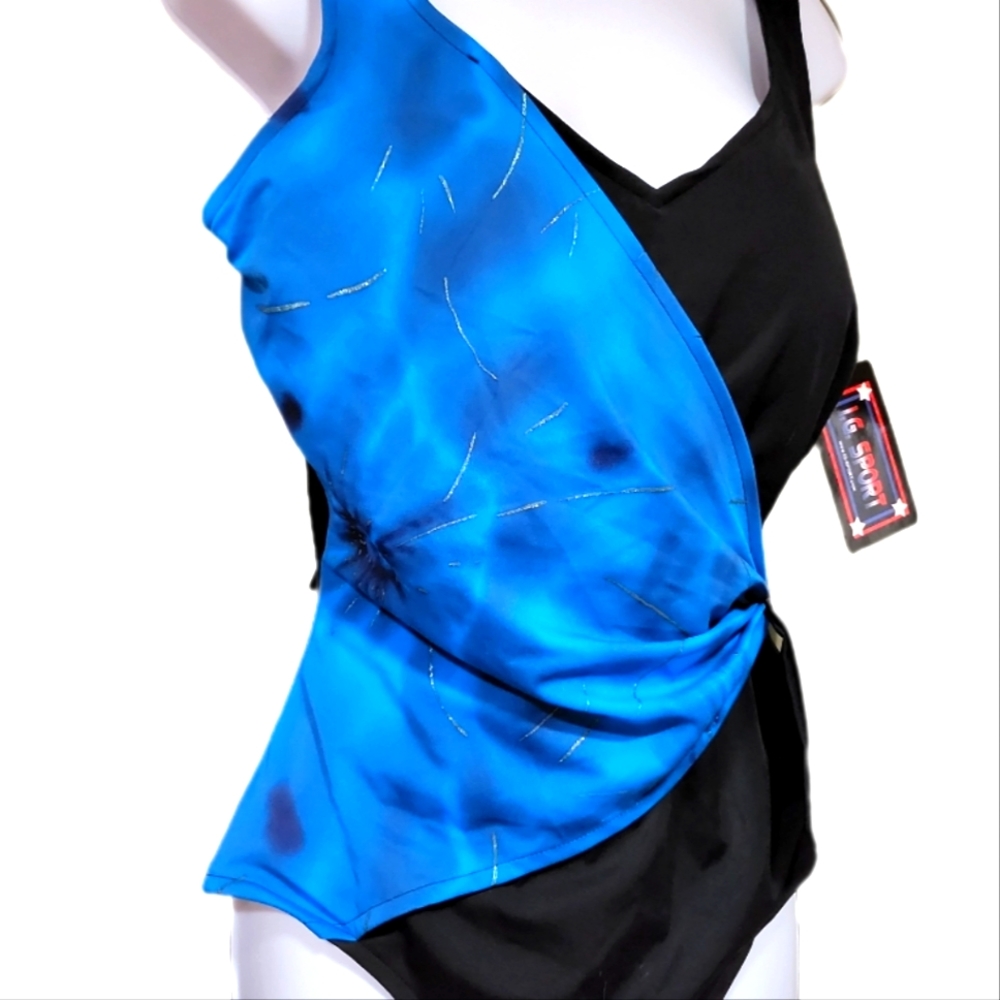 NEW Blue/Black Colorblock Wrap front one-piece swimsuit sz 10